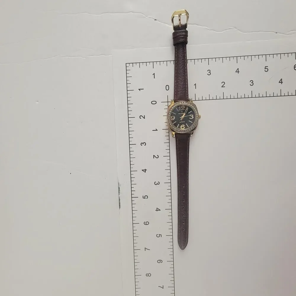 Peugeot Womens Watch 28mm Black Dial Gold Case Brown Leather Strap Dress Quartz